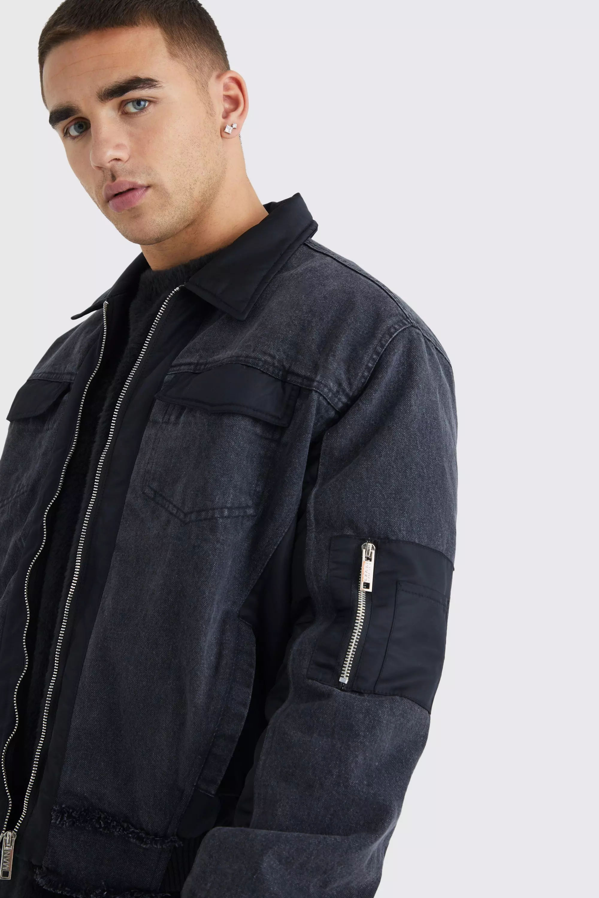 Washed black denim outlet jacket men